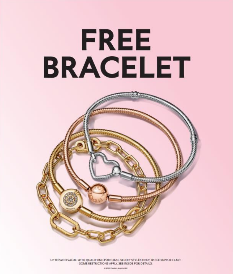 Free Bracelet event. Picture shows 5 bracelets in gold, silver, and rose gold.